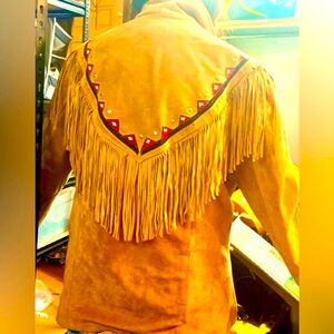 Fringed Suede Jacket with Red &Black Beadwork Accents, Size xL